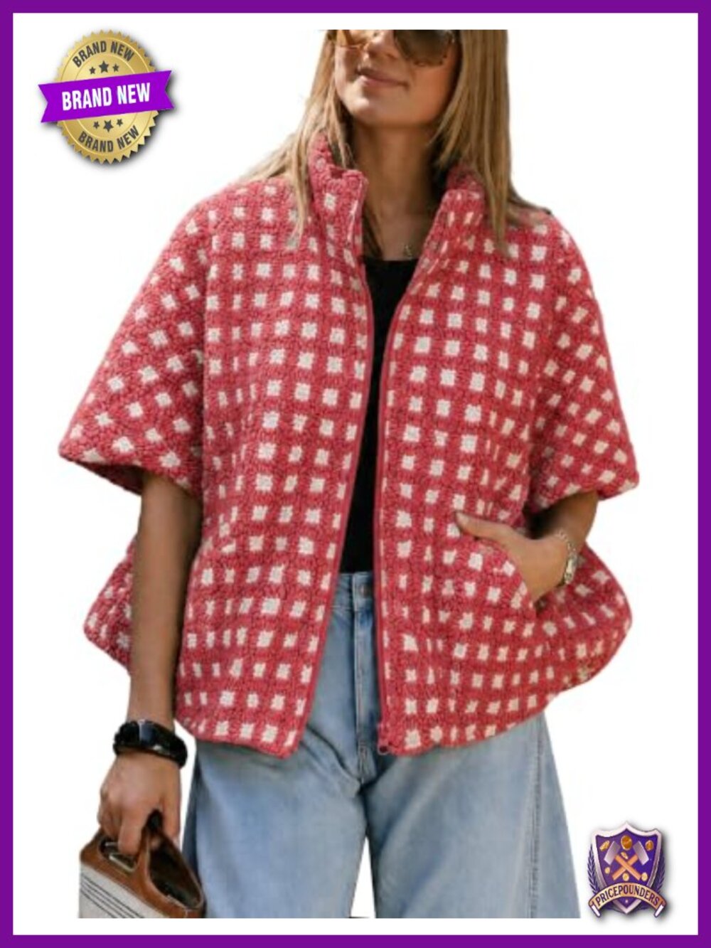 Fleece Vest Plaid Sherpa Zipper Gilet Stand Collar Side Pockets